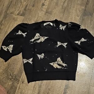 Diane Von Furstenberg Sweater Black Gold Metallic Bow Xsmall Puffy Sleeve